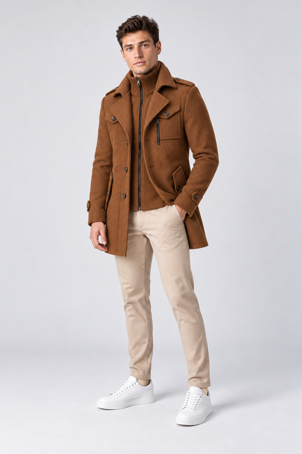 Men's Wool-Blend Coat Layered Collar Tailored Fit in Brown – full-body view | Ventorino