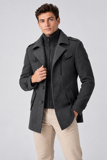 Men's Wool-Blend Coat Layered Collar Tailored Fit in Gray – close detail view | Ventorino