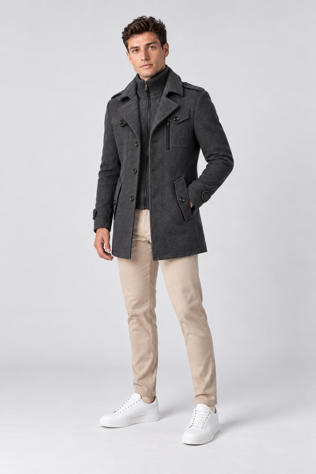 Men's Wool-Blend Coat Layered Collar Tailored Fit in Gray – full-body view | Ventorino