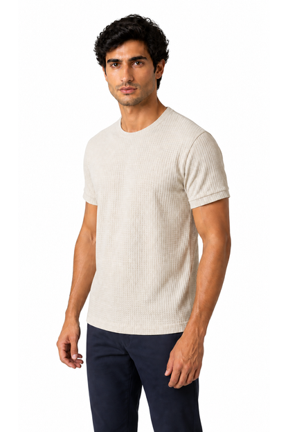 Ventorino micro-textured crew-neck T-shirt in beige — model view