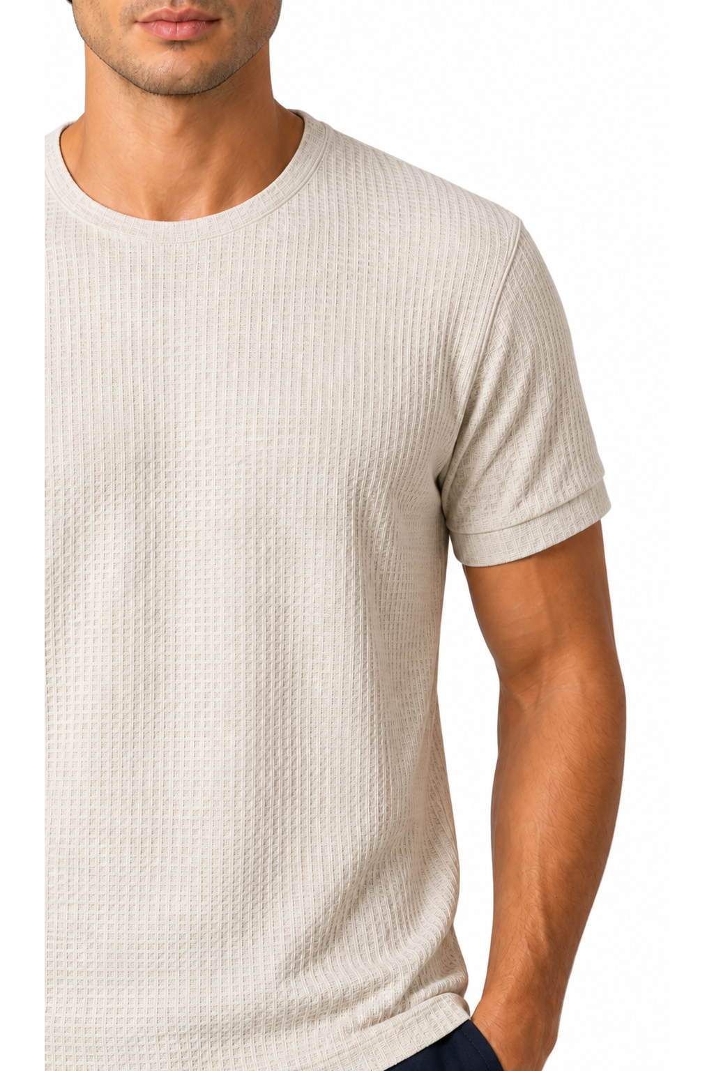 Ventorino micro-textured crew-neck T-shirt in beige — fabric detail