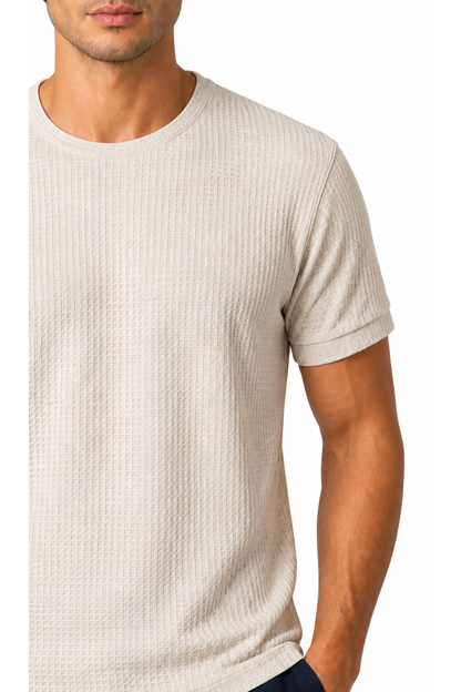 Ventorino micro-textured crew-neck T-shirt in beige — fabric detail