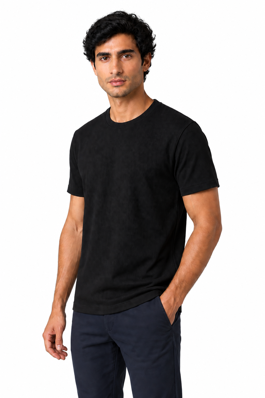 Ventorino micro-textured crew-neck T-shirt in black — model view