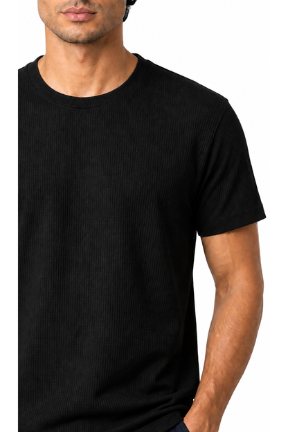 Ventorino micro-textured crew-neck T-shirt in black — fabric detail
