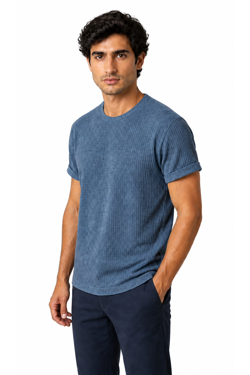 Ventorino micro-textured crew-neck T-shirt in blue — model view