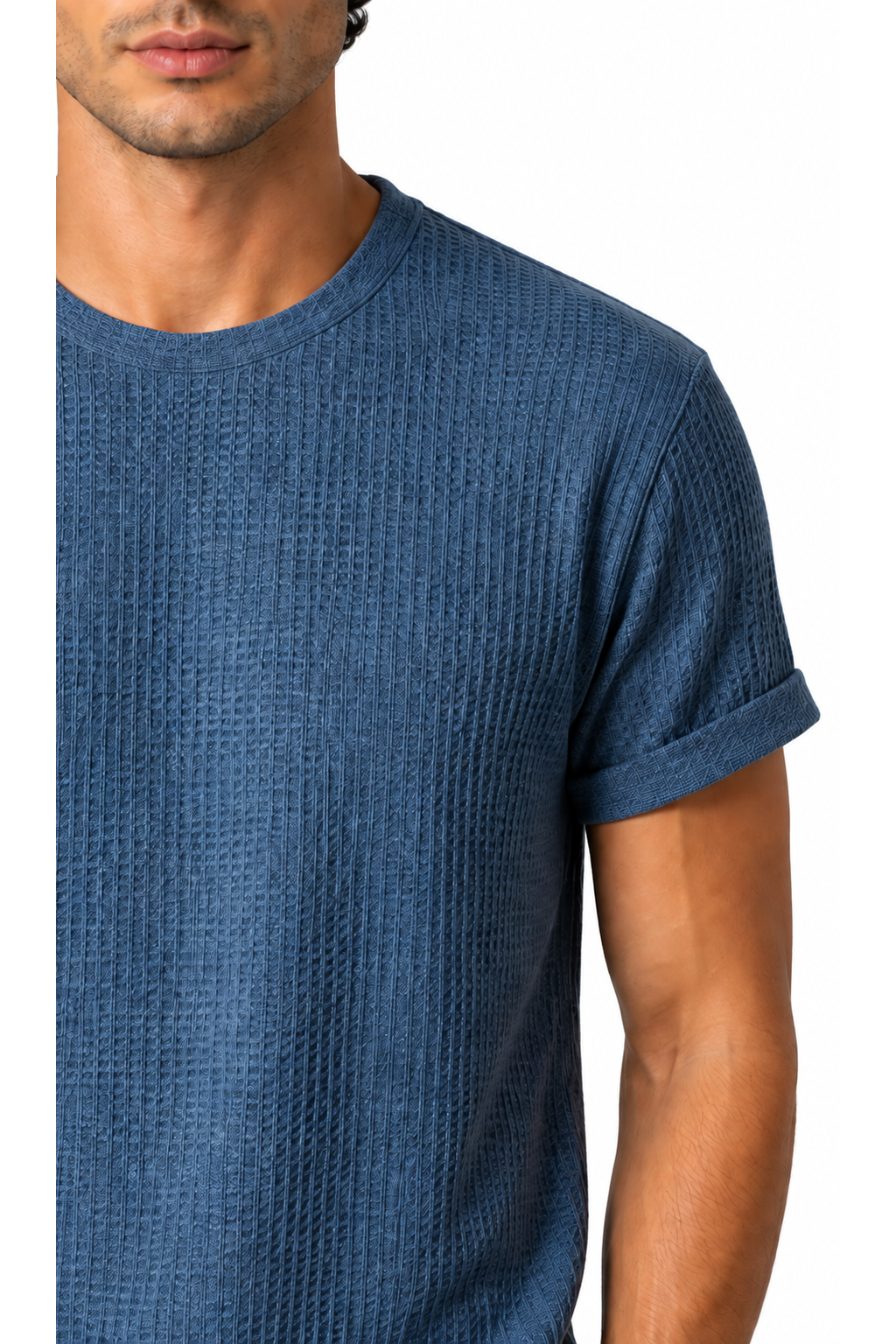 Ventorino micro-textured crew-neck T-shirt in blue — fabric detail