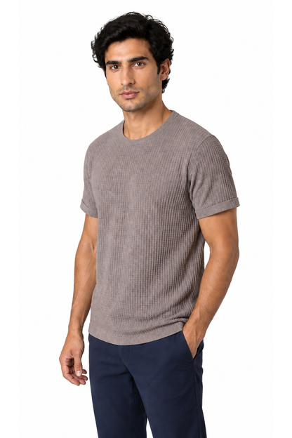 Ventorino micro-textured crew-neck T-shirt in khaki — model view