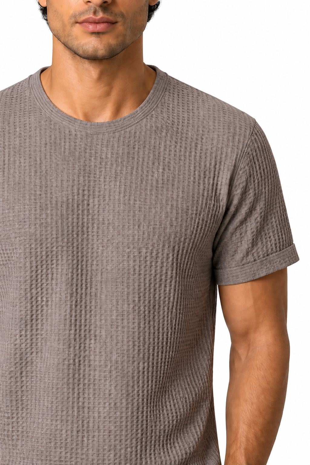 Ventorino micro-textured crew-neck T-shirt in khaki — fabric detail