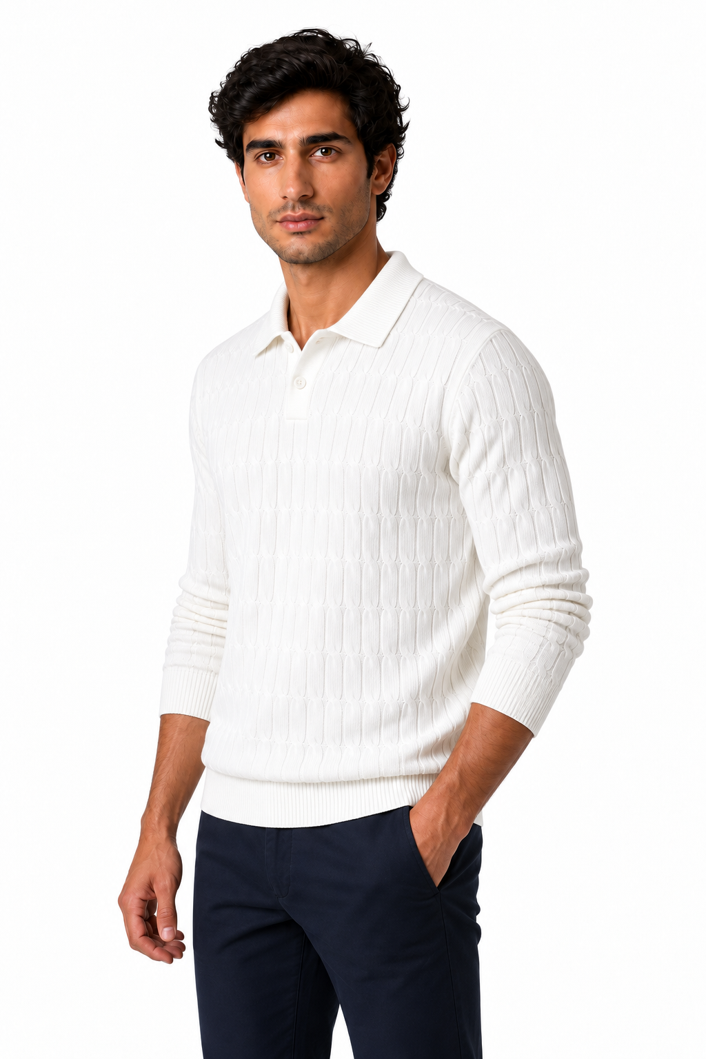 Ventorino Men's Cable-Knit Polo Sweater | Ventorino in White — model three-quarter view