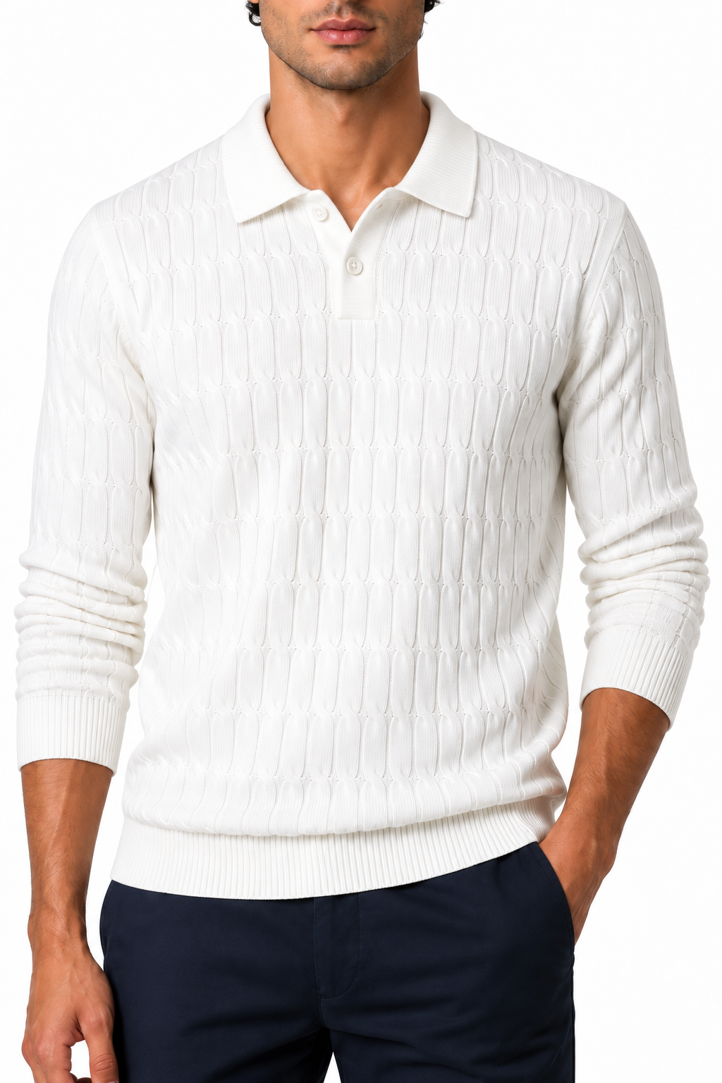 Ventorino Men's Cable-Knit Polo Sweater | Ventorino in White — garment and fabric detail