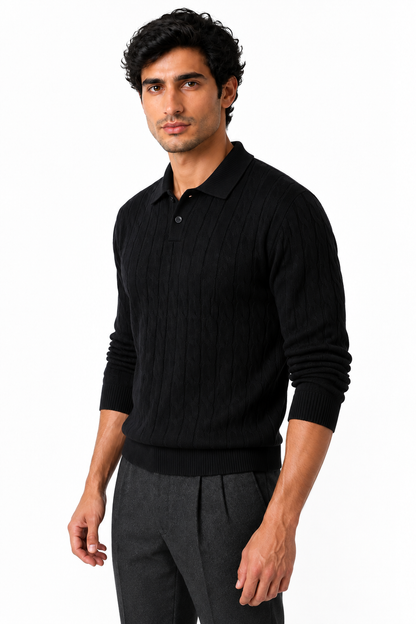 Ventorino Men's Cable-Knit Polo Sweater | Ventorino in Black — model three-quarter view