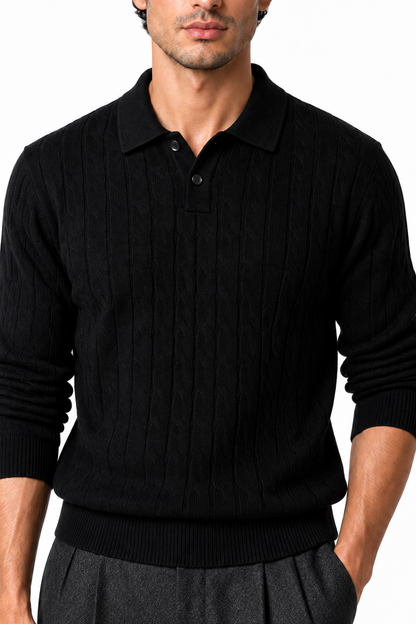 Ventorino Men's Cable-Knit Polo Sweater | Ventorino in Black — garment and fabric detail