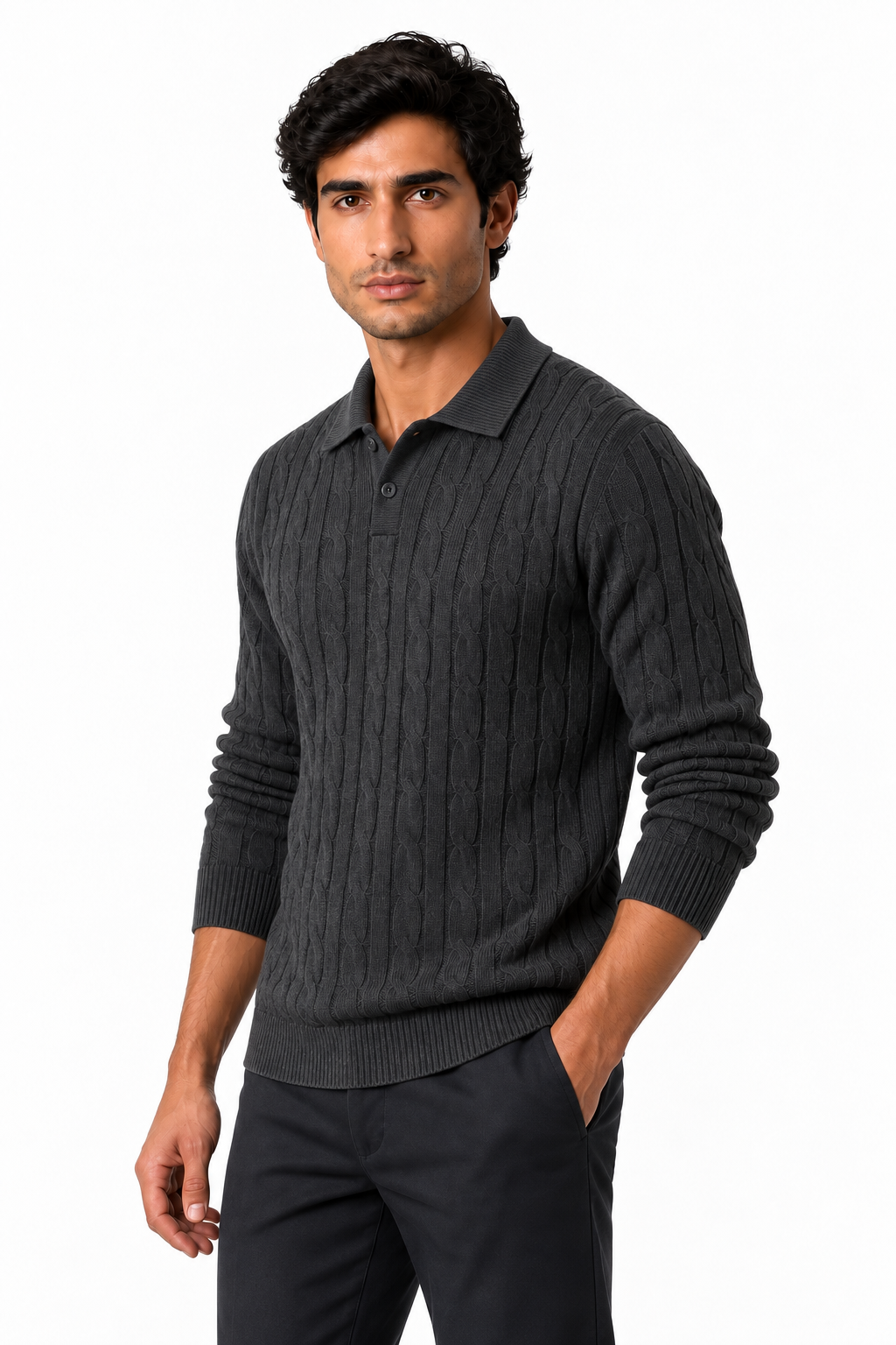Ventorino Men's Cable-Knit Polo Sweater | Ventorino in Dark Gray — model three-quarter view