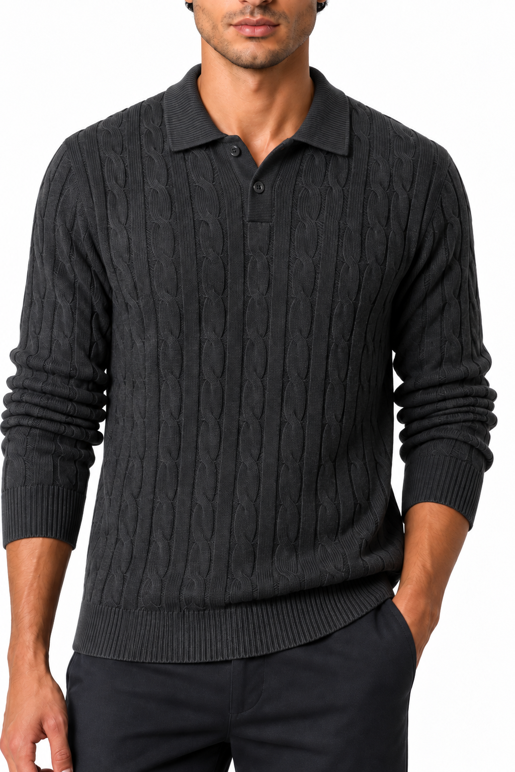 Ventorino Men's Cable-Knit Polo Sweater | Ventorino in Dark Gray — garment and fabric detail
