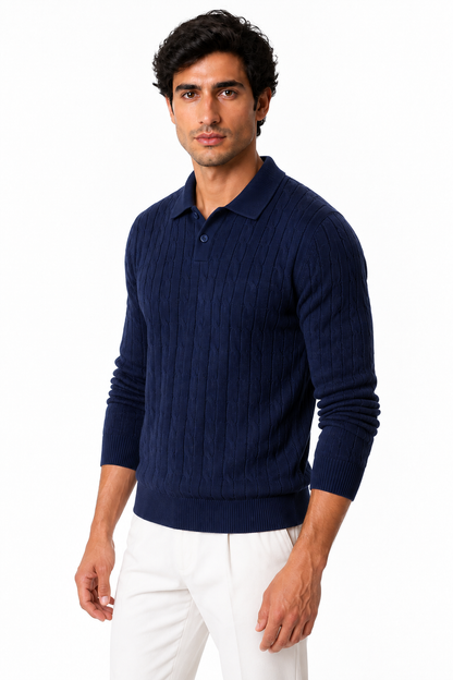 Ventorino Men's Cable-Knit Polo Sweater | Ventorino in Navy Blue — model three-quarter view