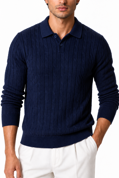 Ventorino Men's Cable-Knit Polo Sweater | Ventorino in Navy Blue — garment and fabric detail