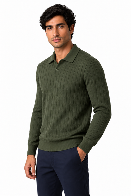 Ventorino Men's Cable-Knit Polo Sweater | Ventorino in Army Green — model three-quarter view