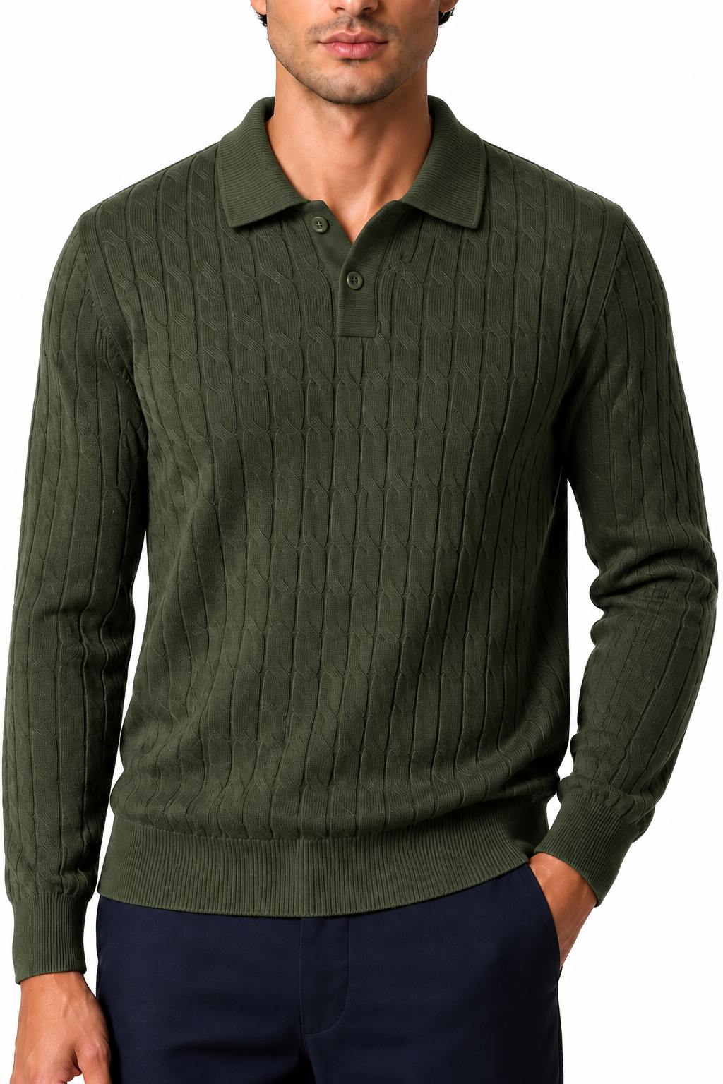 Ventorino Men's Cable-Knit Polo Sweater | Ventorino in Army Green — garment and fabric detail