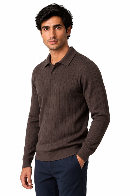 Ventorino Men's Cable-Knit Polo Sweater | Ventorino in Brown — model three-quarter view