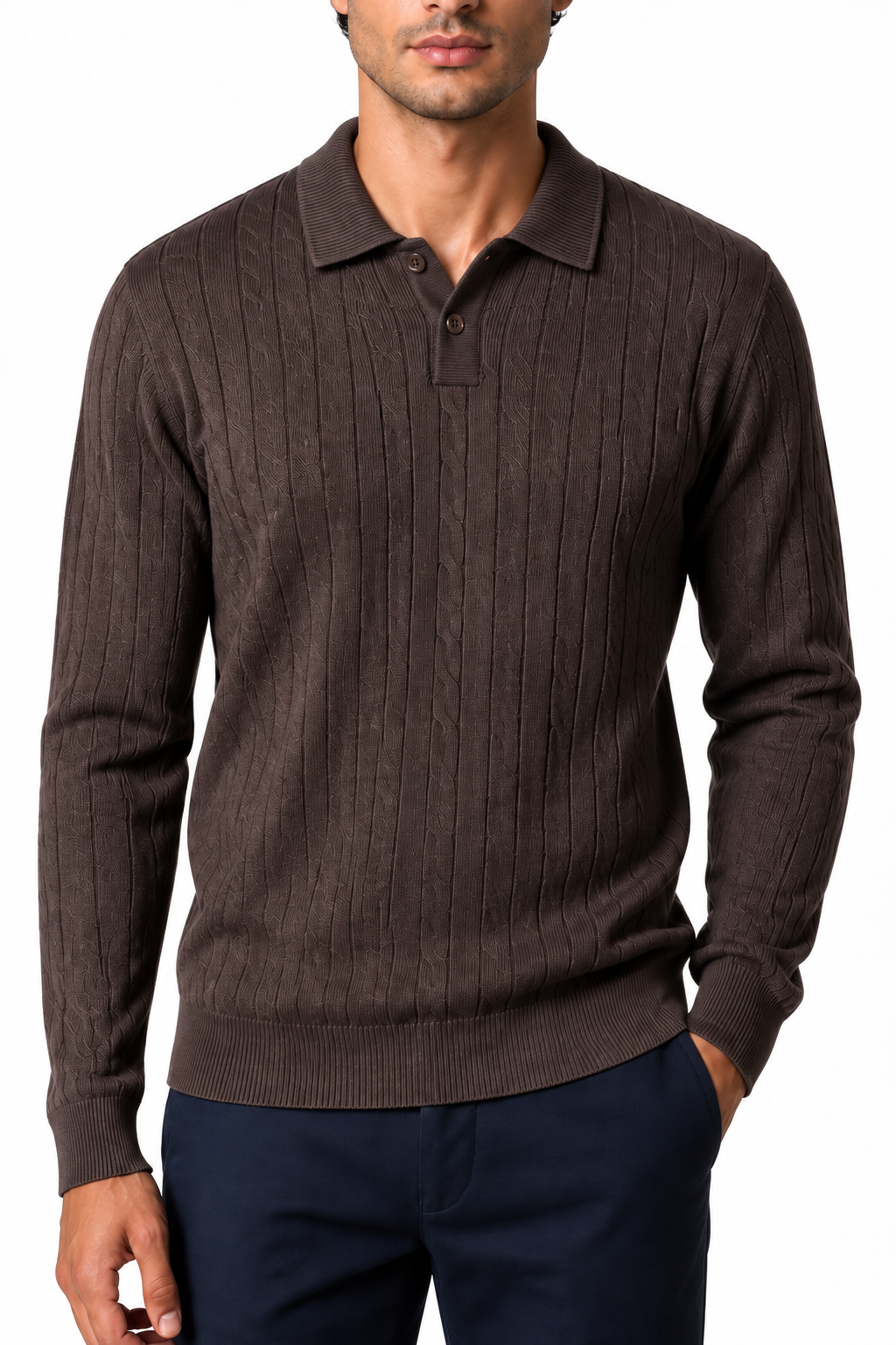 Ventorino Men's Cable-Knit Polo Sweater | Ventorino in Brown — garment and fabric detail