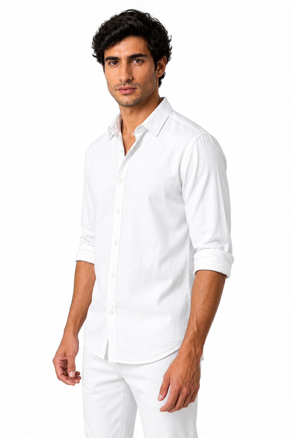 Ventorino Men's Shirt Cotton-Linen Blend Roll-Up Sleeves | Ventorino in White — model three-quarter view
