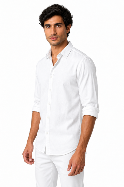 Ventorino Men's Shirt Cotton-Linen Blend Roll-Up Sleeves | Ventorino in White — model three-quarter view