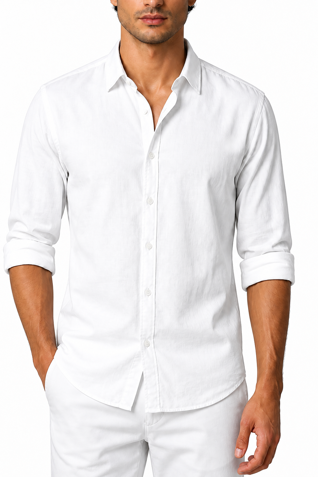 Ventorino Men's Shirt Cotton-Linen Blend Roll-Up Sleeves | Ventorino in White — garment and fabric detail