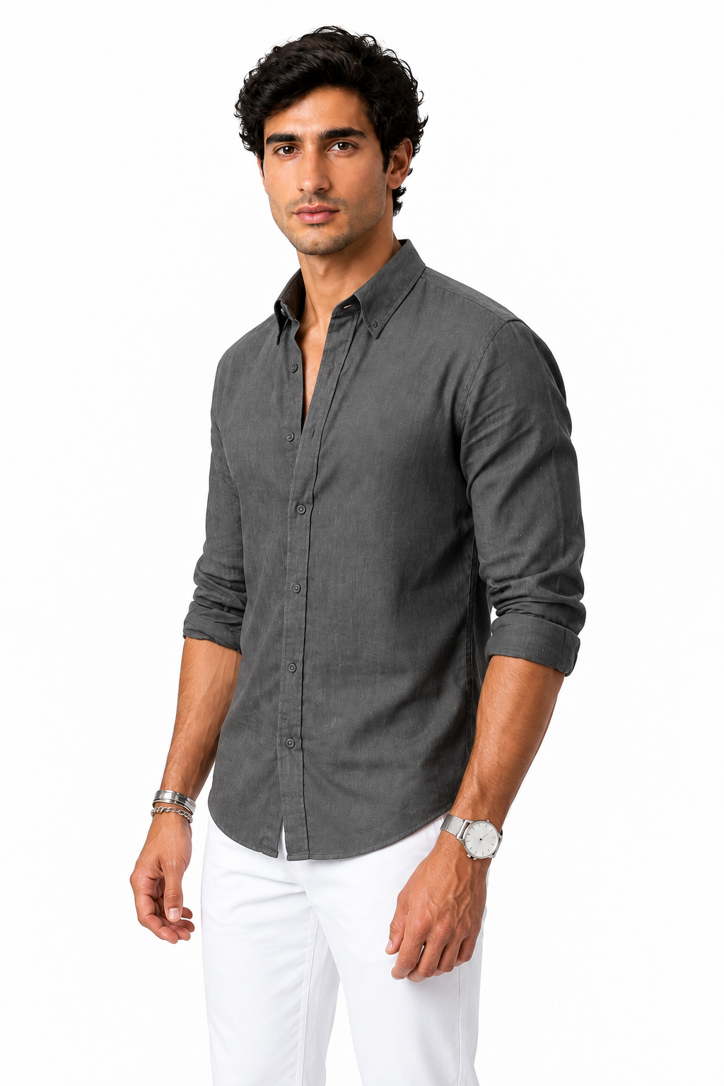 Ventorino Men's Shirt Cotton-Linen Blend Roll-Up Sleeves | Ventorino in Dark Gray — model three-quarter view