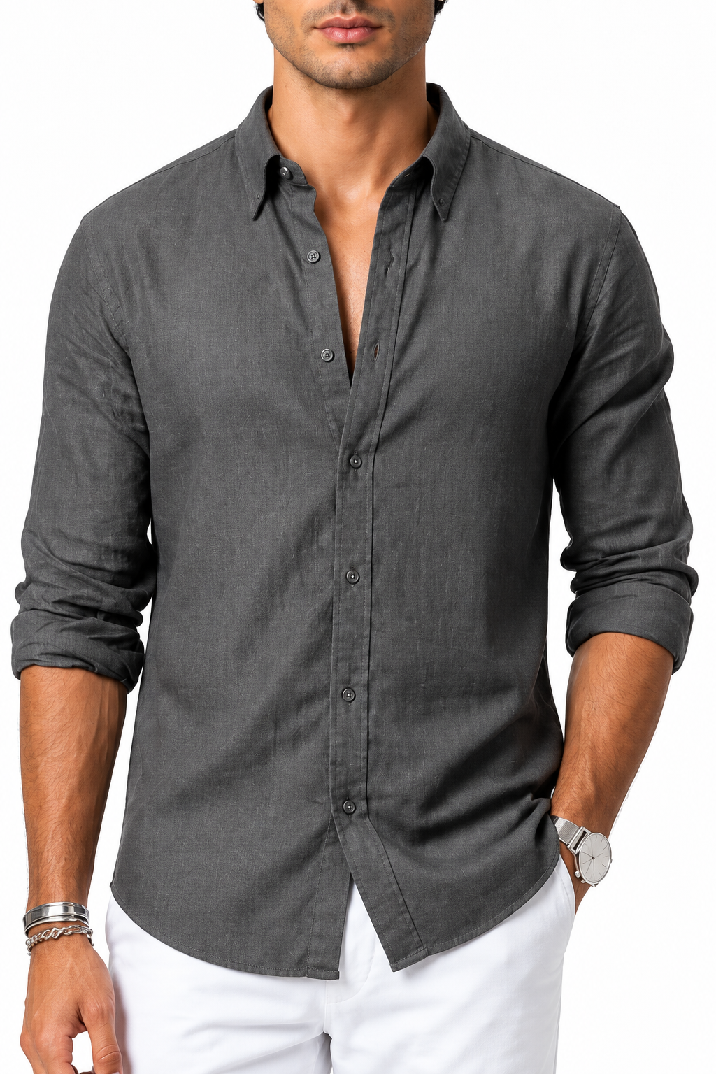 Ventorino Men's Shirt Cotton-Linen Blend Roll-Up Sleeves | Ventorino in Dark Gray — garment and fabric detail