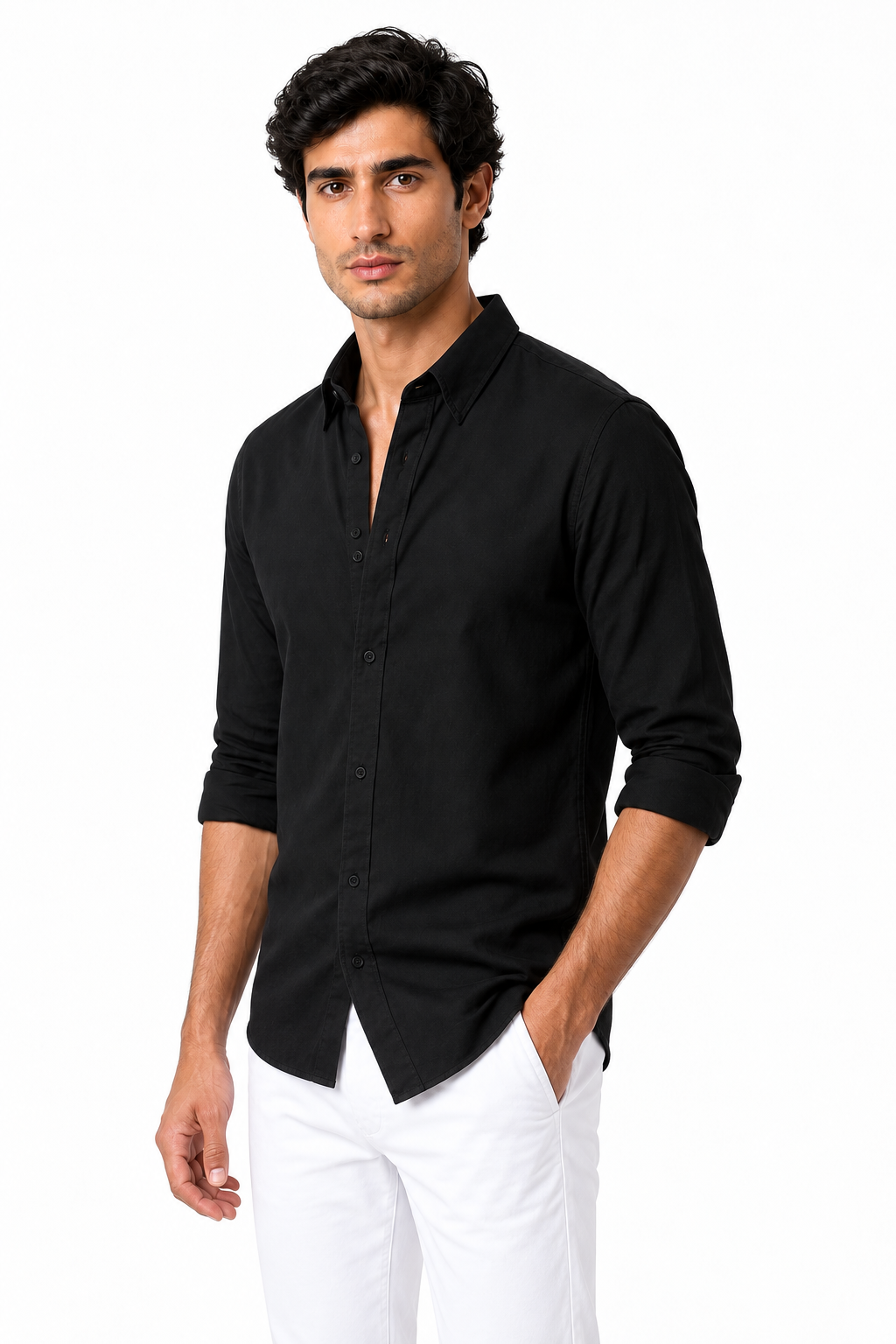 Ventorino Men's Shirt Cotton-Linen Blend Roll-Up Sleeves | Ventorino in Black — model three-quarter view