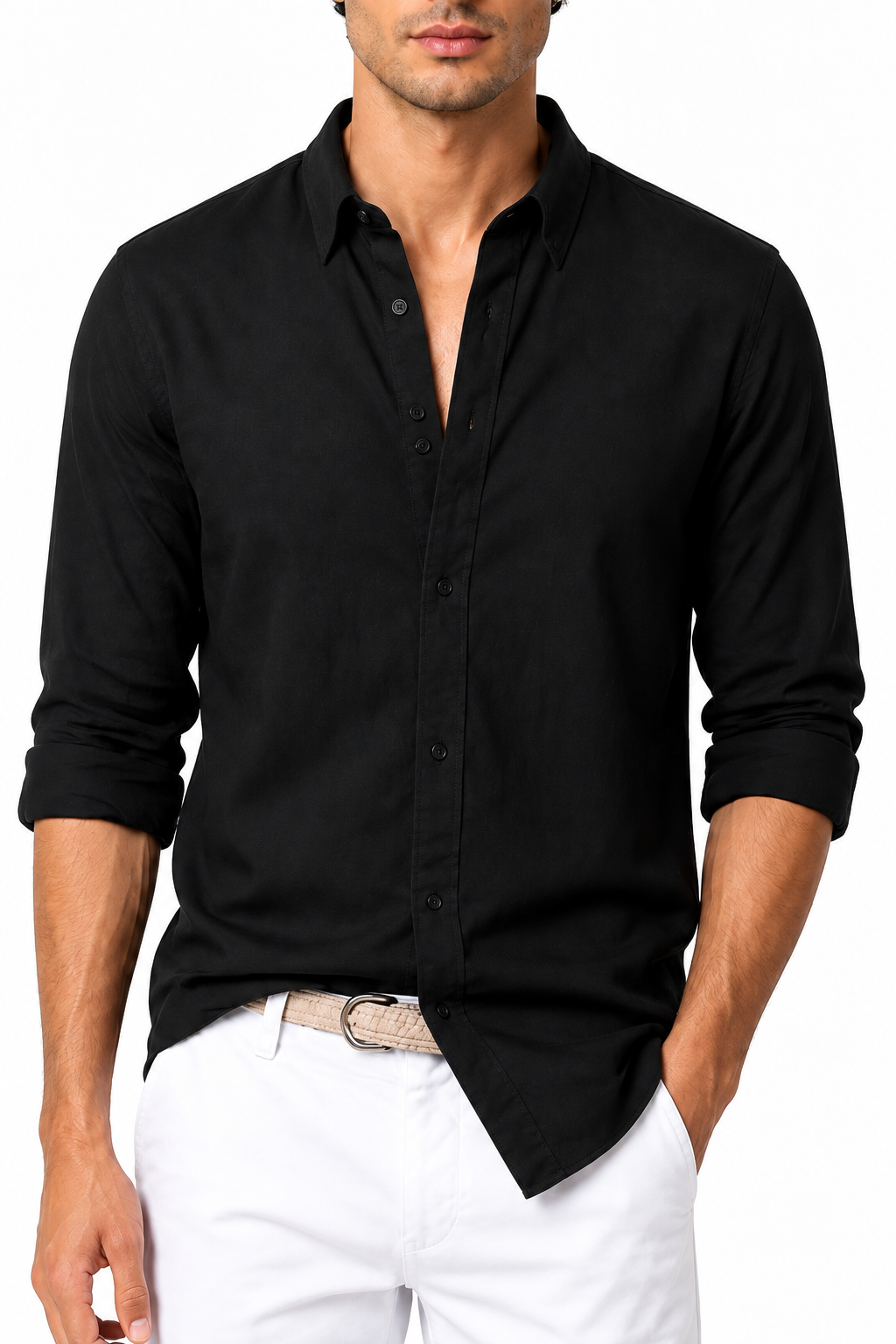Ventorino Men's Shirt Cotton-Linen Blend Roll-Up Sleeves | Ventorino in Black — garment and fabric detail