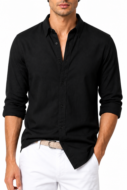 Ventorino Men's Shirt Cotton-Linen Blend Roll-Up Sleeves | Ventorino in Black — garment and fabric detail