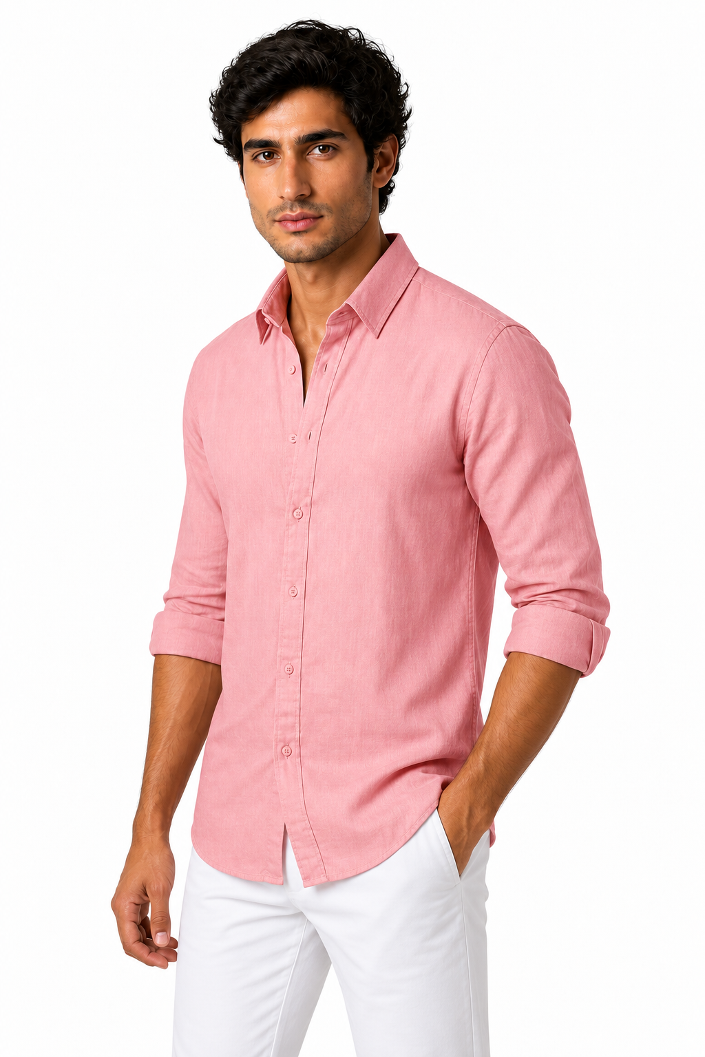 Ventorino Men's Shirt Cotton-Linen Blend Roll-Up Sleeves | Ventorino in Pink — model three-quarter view