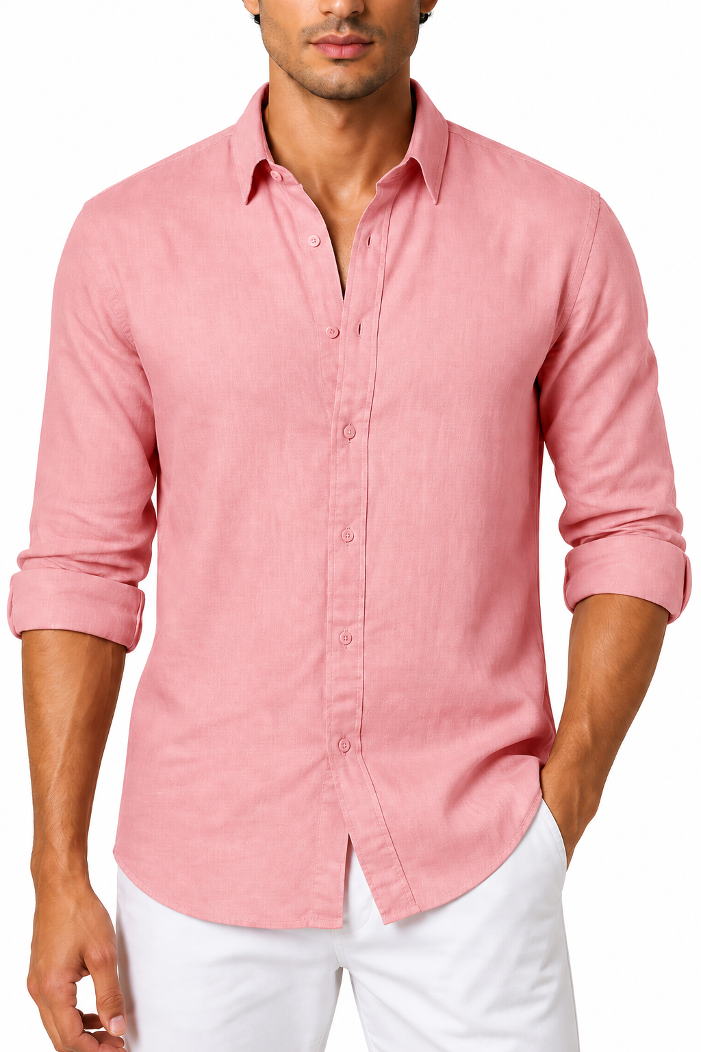 Ventorino Men's Shirt Cotton-Linen Blend Roll-Up Sleeves | Ventorino in Pink — garment and fabric detail