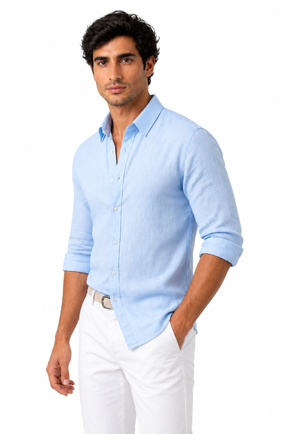 Ventorino Men's Shirt Cotton-Linen Blend Roll-Up Sleeves | Ventorino in Blue — model three-quarter view