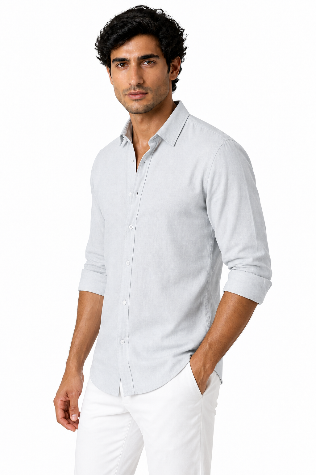 Ventorino Men's Shirt Cotton-Linen Blend Roll-Up Sleeves | Ventorino in Light Gray — model three-quarter view