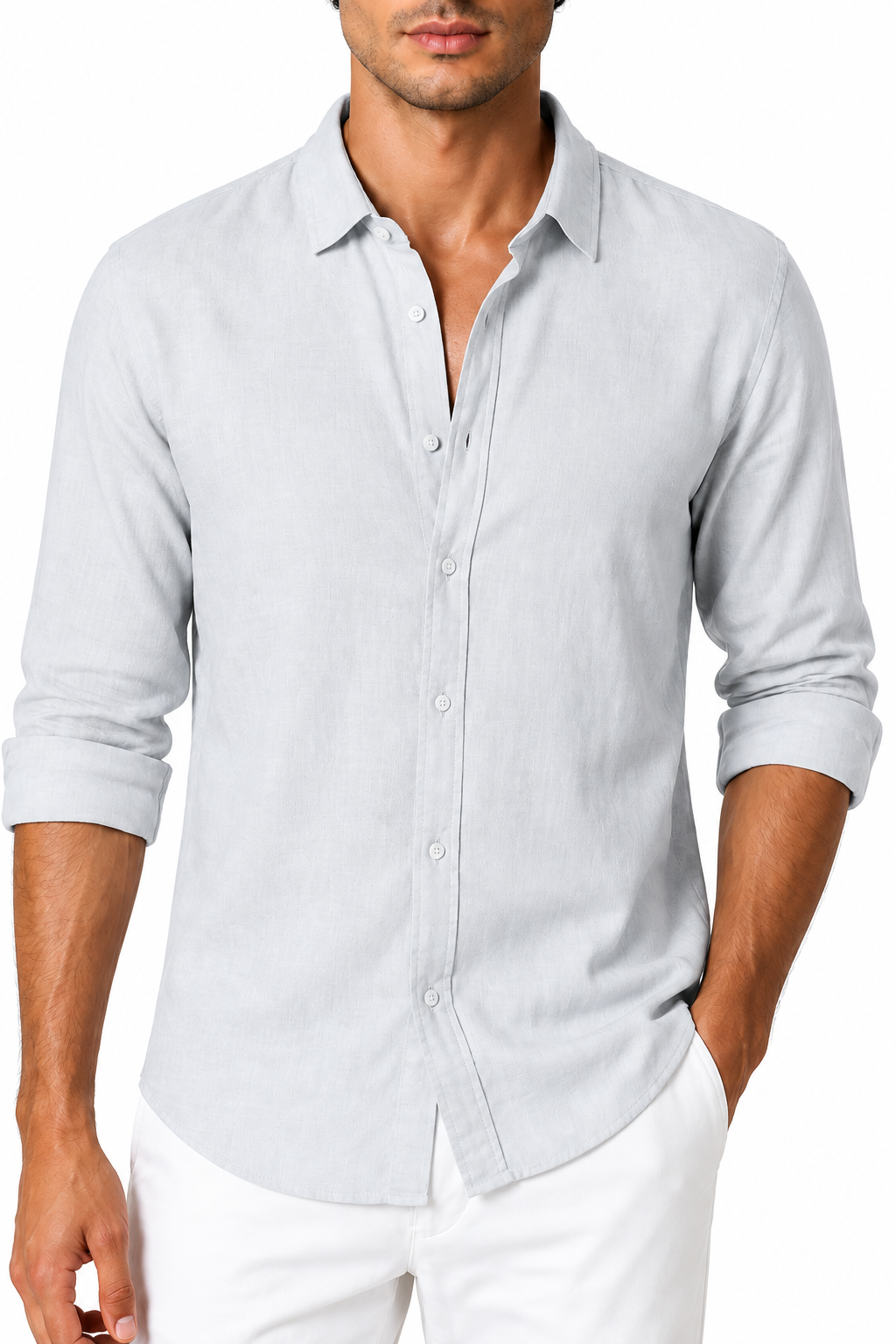 Ventorino Men's Shirt Cotton-Linen Blend Roll-Up Sleeves | Ventorino in Light Gray — garment and fabric detail