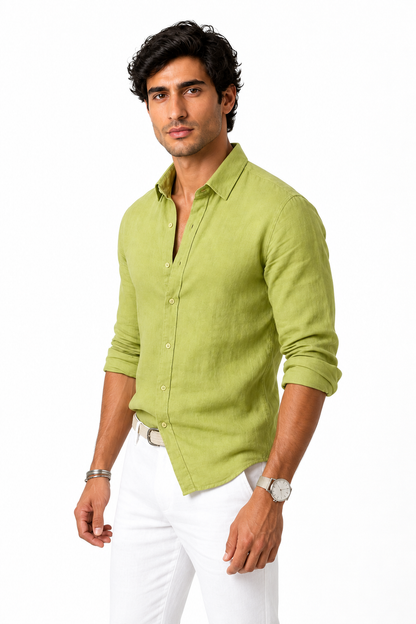 Ventorino Men's Shirt Cotton-Linen Blend Roll-Up Sleeves | Ventorino in Yellow Green — model three-quarter view