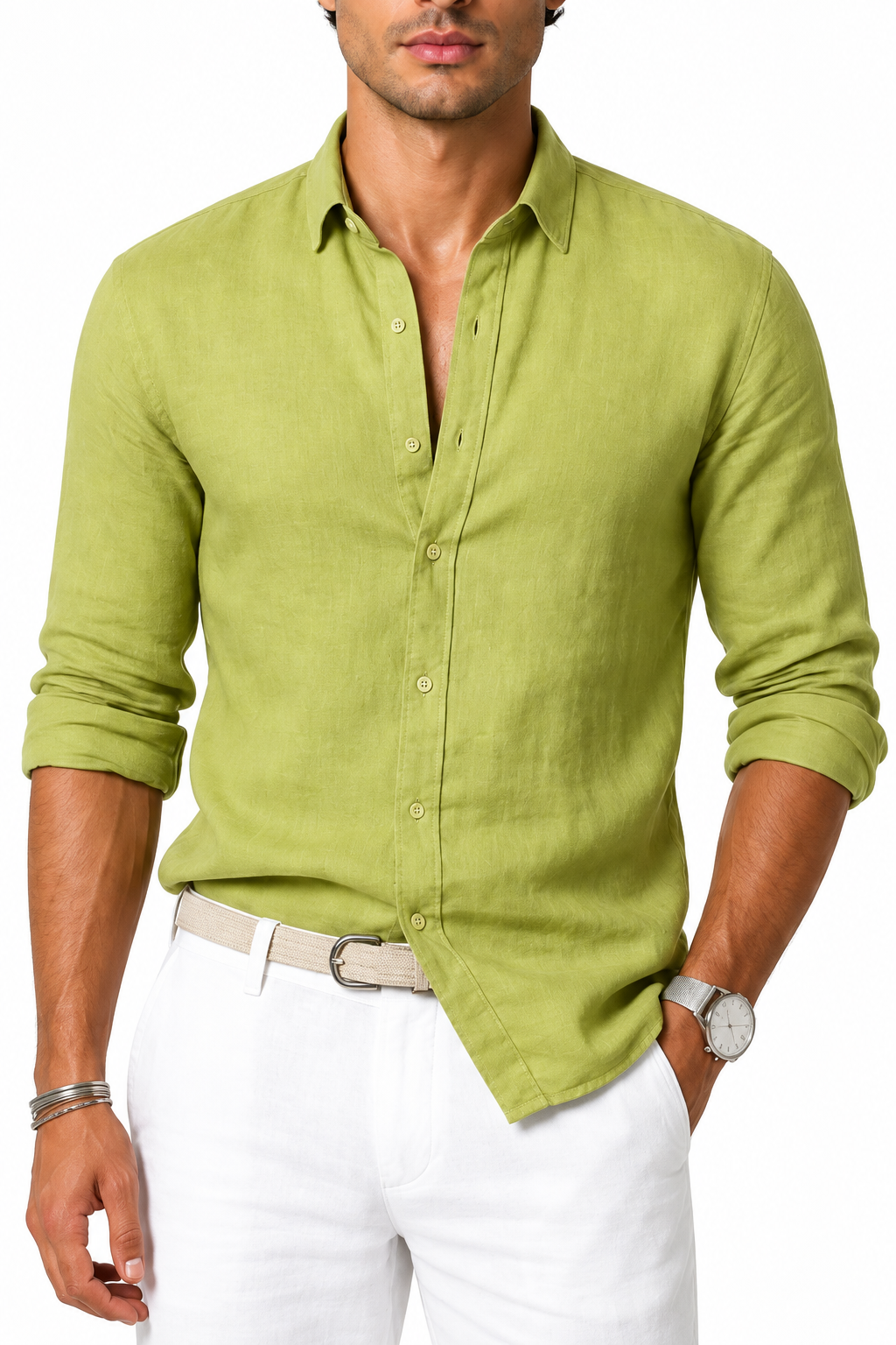 Ventorino Men's Shirt Cotton-Linen Blend Roll-Up Sleeves | Ventorino in Yellow Green — garment and fabric detail