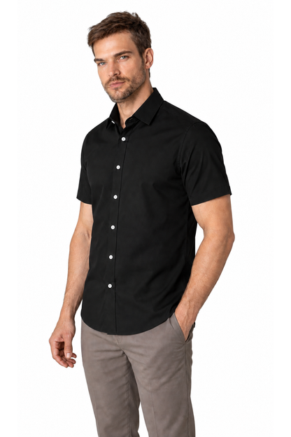 Ventorino short-sleeve button-collar shirt in black — model view