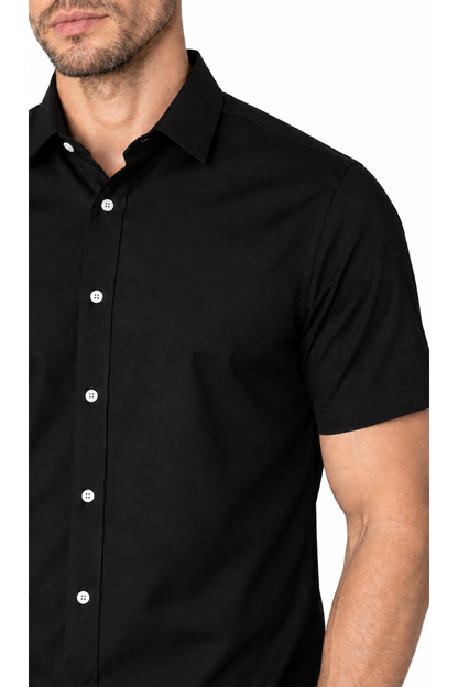 Ventorino short-sleeve button-collar shirt in black — fabric and collar detail