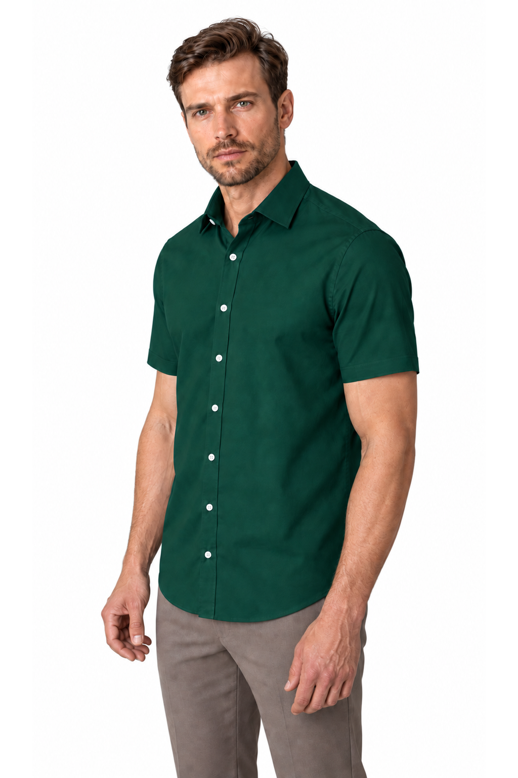 Ventorino short-sleeve button-collar shirt in dark green — model view