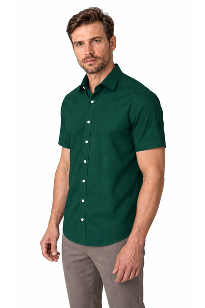 Ventorino short-sleeve button-collar shirt in dark green — model view