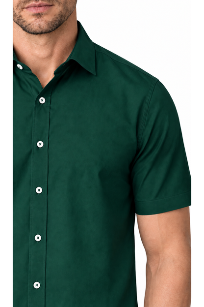 Ventorino short-sleeve button-collar shirt in dark green — fabric and collar detail