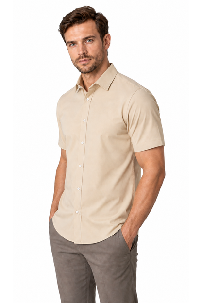 Ventorino short-sleeve button-collar shirt in khaki — model view