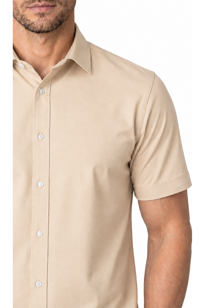 Ventorino short-sleeve button-collar shirt in khaki — fabric and collar detail