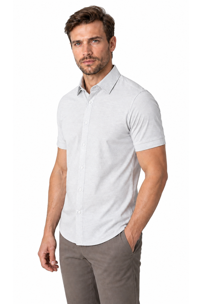 Ventorino short-sleeve button-collar shirt in light gray — model view