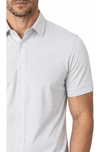 Ventorino short-sleeve button-collar shirt in light gray — fabric and collar detail