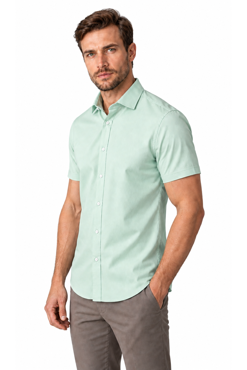 Ventorino short-sleeve button-collar shirt in light green — model view