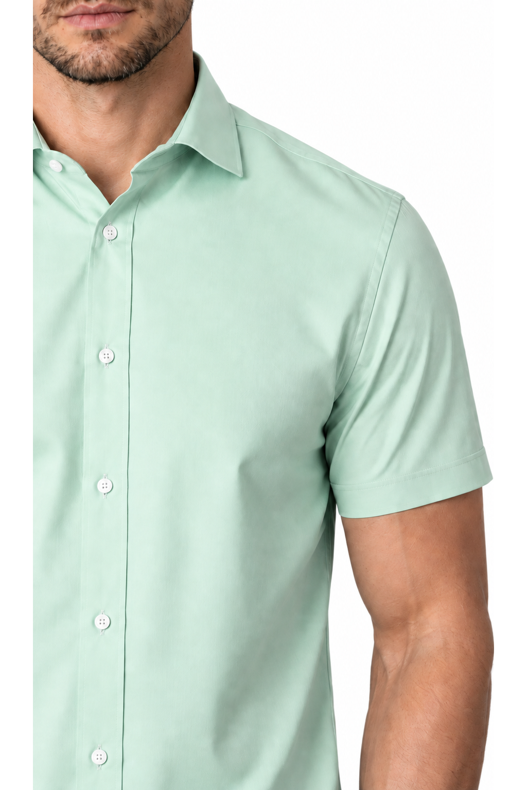 Ventorino short-sleeve button-collar shirt in light green — fabric and collar detail